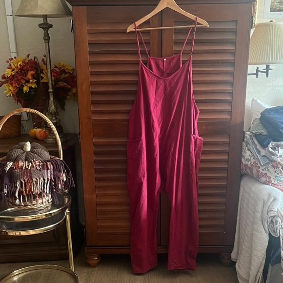 Cranberry Raspberry Red Sleeveless Jumpsuit Linen Cotton 2XL XXL - Picture 1 of 2